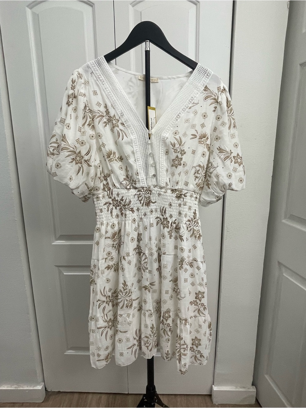 White Floral V-Neck Smocked Mini Dress with Beige Print